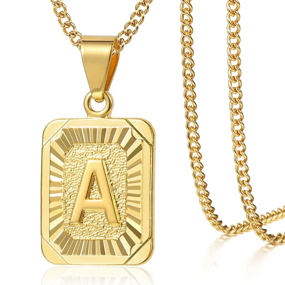 Initial Letter Pendant Necklaces Charm Gold Color Stainless Steel Letter Square Necklace For Women Alphabet Fashion Jewelry ﻿
