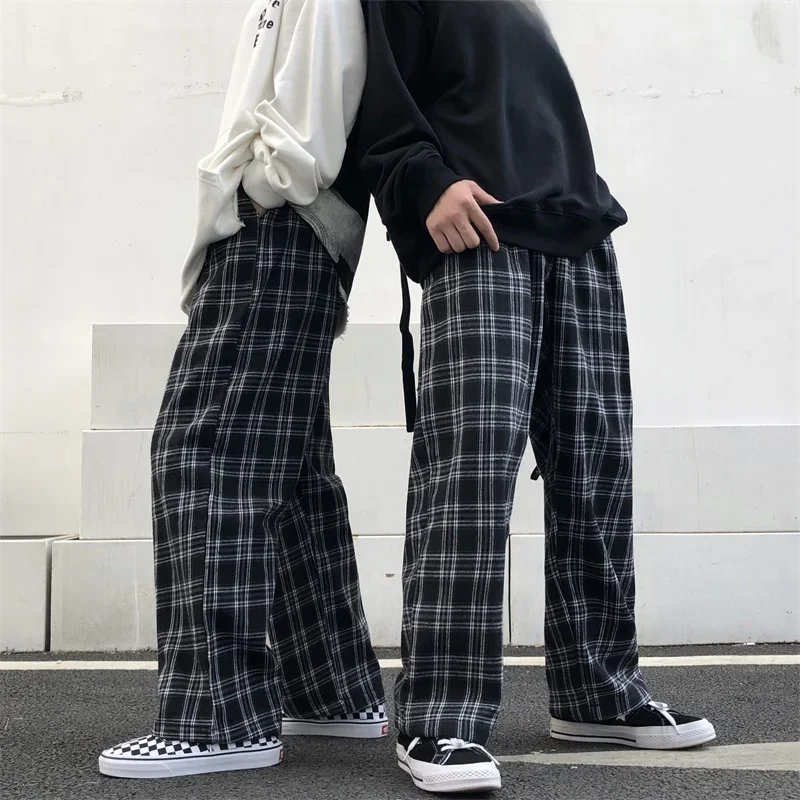 Spodnie oversize Damskie spodnie dresowe Letnia moda Czarna krata Spodnie na co dzień Elastyczna talia Casualowe kieszenie Studenckie spodnie unisex — 2