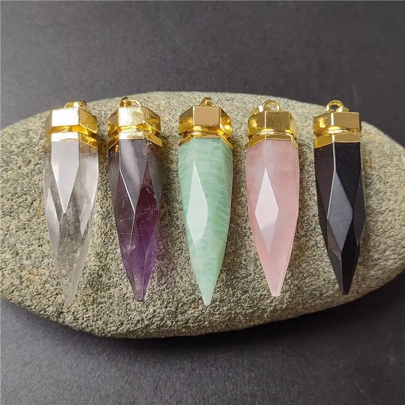 FUWO Wholesale Crystal Spike Pendant,Amethysts/Obsidian/Amazonite Point Pendulum Accessories For Jewelry Making 5Pcs/Lot PD085GM