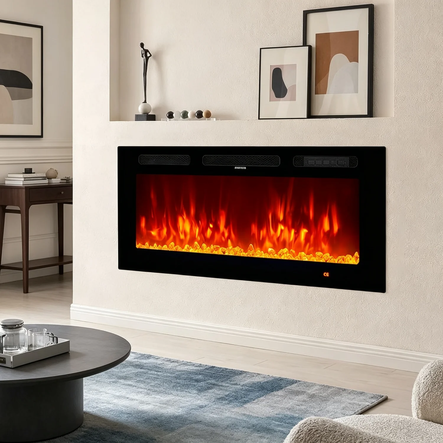 Electric Fireplace 36 Inch Wall Mounted Recessed, 12 Color LED Flame Heater with Remote Control Timer, 750/1500W Touch Screen Crystal Stone
