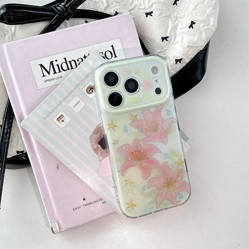 New Cute Gilded Lily Flower Hanging Case Suitable for iPhone 17 Pro, 13, 14, 15, 16 Pro Max, All in One Anti Drop Package