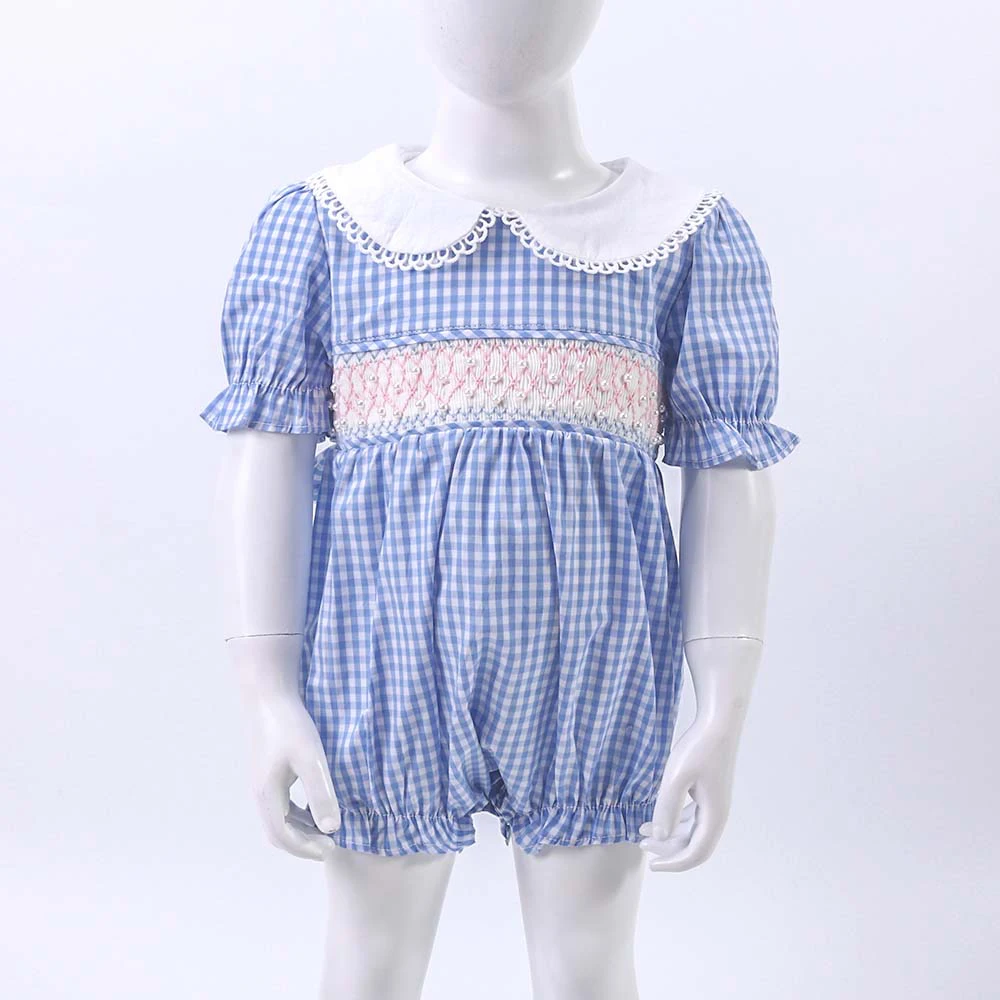 Vestido de manga corta para niña, mono de cuello redondo, adorno de perlas pequeñas, mono de celosía azul, ropa de una pieza, Verano