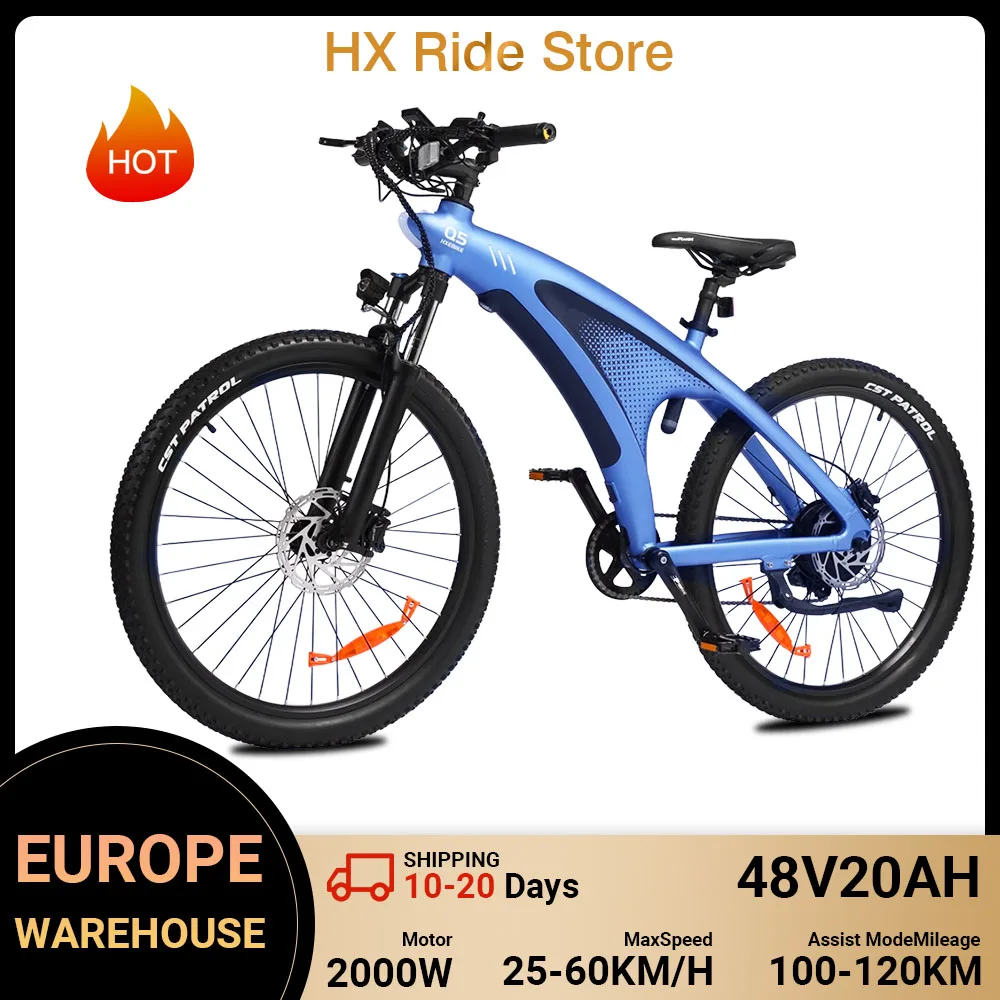 Bicicleta Eléctrica HX Q5 de 2000W para Adultos, 60KM/H, 85Nm, Neumáticos de 27.5*2.25 Pulgadas, Batería Extraíble de 48V 20AH, Bicicleta Eléctrica de Montaña