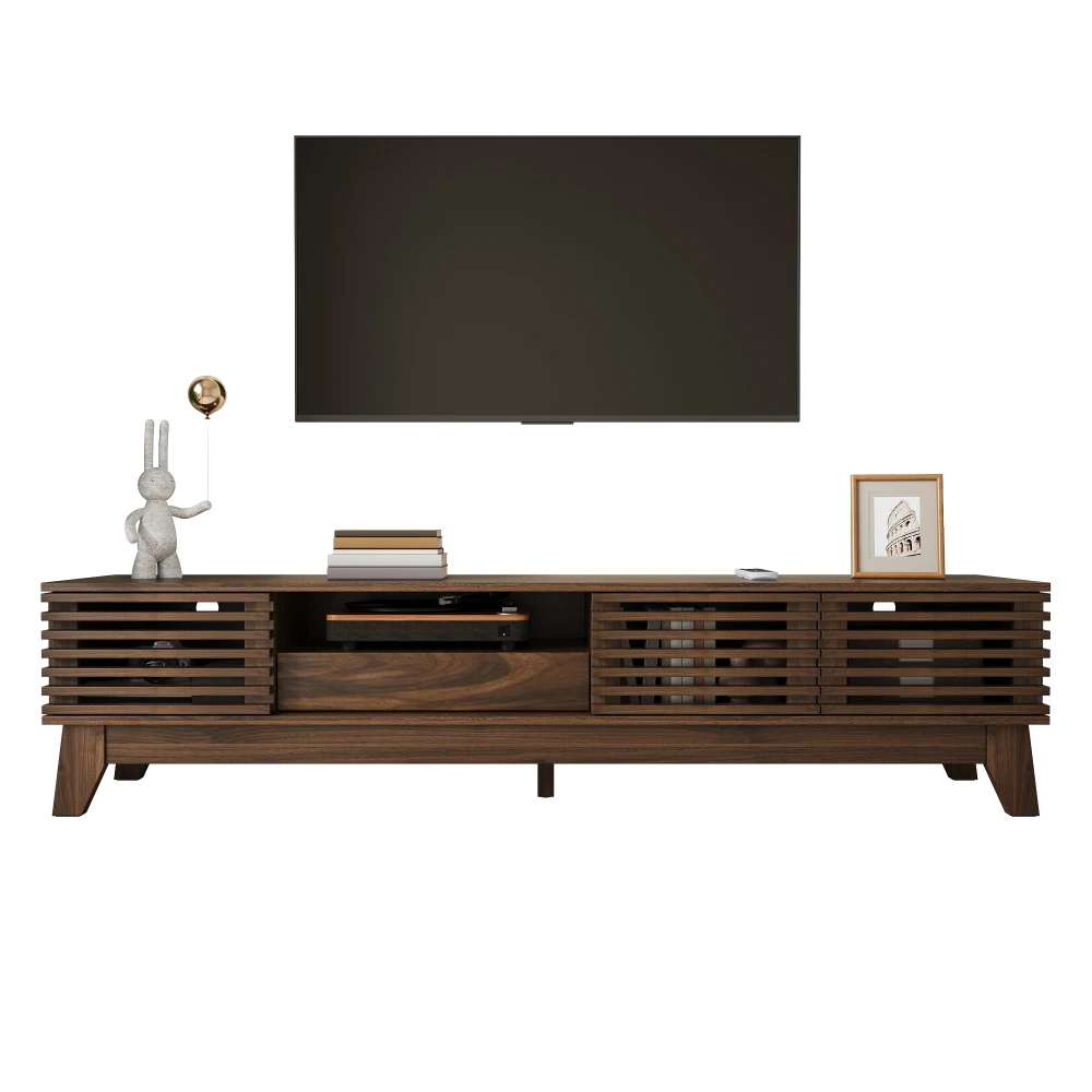 Mobile porta-TV, 170 × 35 × 40 cm, con 3 ante scanalate, un cassetto e vani aperti, realizzato in MDF, mobile moderno per soggiorno, colore noce.