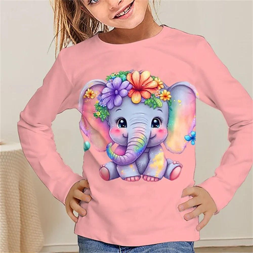 Children\'s Clothing For Girls 6 To 14 Years Long Sleeve Animal T-Shirt Dog Elephant Cat Kids Designer Clothes One Piece T Shirts