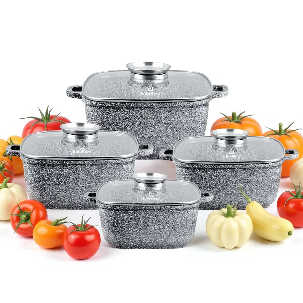 Ensemble de casseroles KlönBerg 8 pièces |   Revêtement en marbre |   Pot |   Avec couvercle |   Revêtement antiadhésif |   KB3958