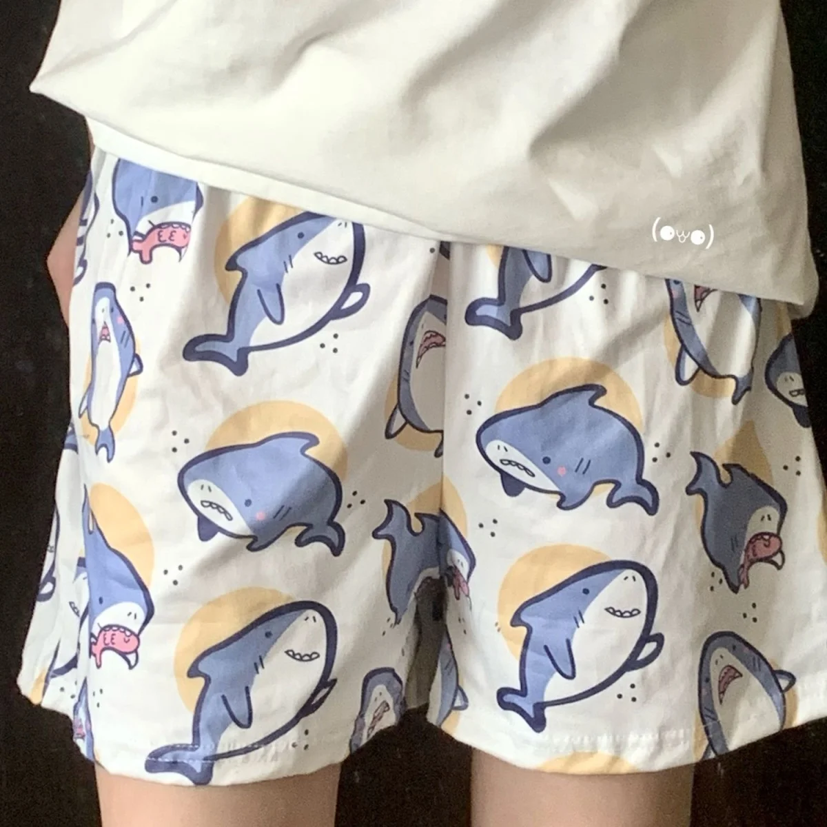 Sleeping Pants Men Cartoon Cute Shark Animal Pattern Loose Lightweight Breathable Elasticated Waistband Pajama Shorts Women