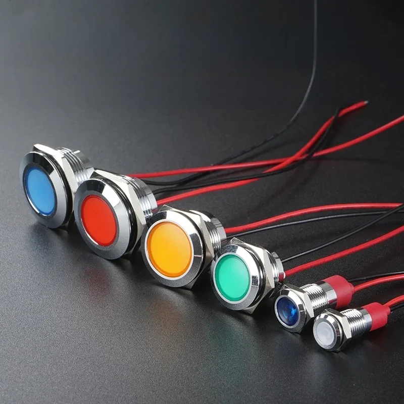 Indicateur lumineux LED en métal, 6/8/10/12/16/19/22MM, étanche, avec fil 3V 5V6V12V 24V 220V, rouge/jaune/bleu/vert/blanc