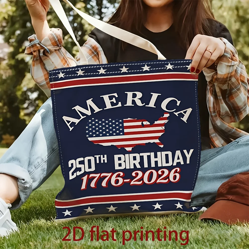 1 Piece of American 250Th Anniversary Commemorative Canvas Shoulder Bag with Vintage Flag Map Design, Lightweight Foldable Tote Bag with Fixed Shoulder Strap, Reusable Shopping Bag, Perfect Gift for Commuting, Travel, Shopping, School, and Holidays