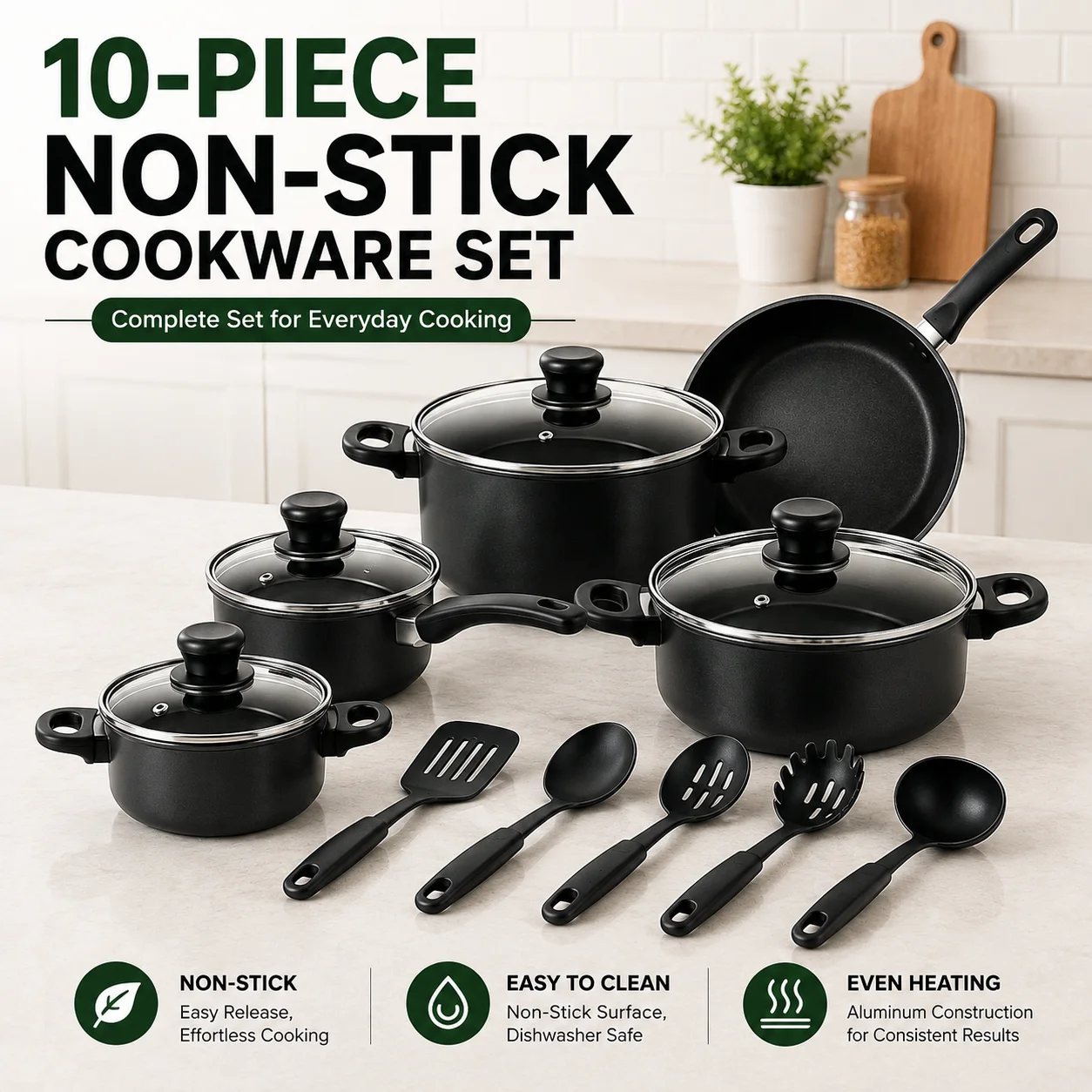 Non-Stick Cookware Set, Pots and Pans Set with Glass Lids & Nylon Kitchen Utensils, Induction Compatible Cooking Pot Set for Home Kitchen