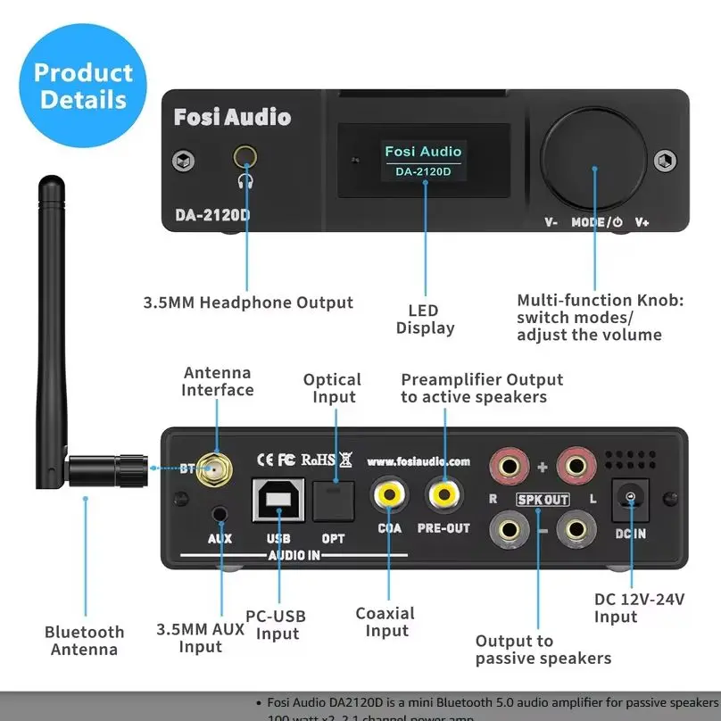 Fosi Audio DA2120D Bluetooth Amplifiers 2.1 Channel Stereo USB DAC Power Amp Coaxial Optical AUX Remote Control For Home Speaker