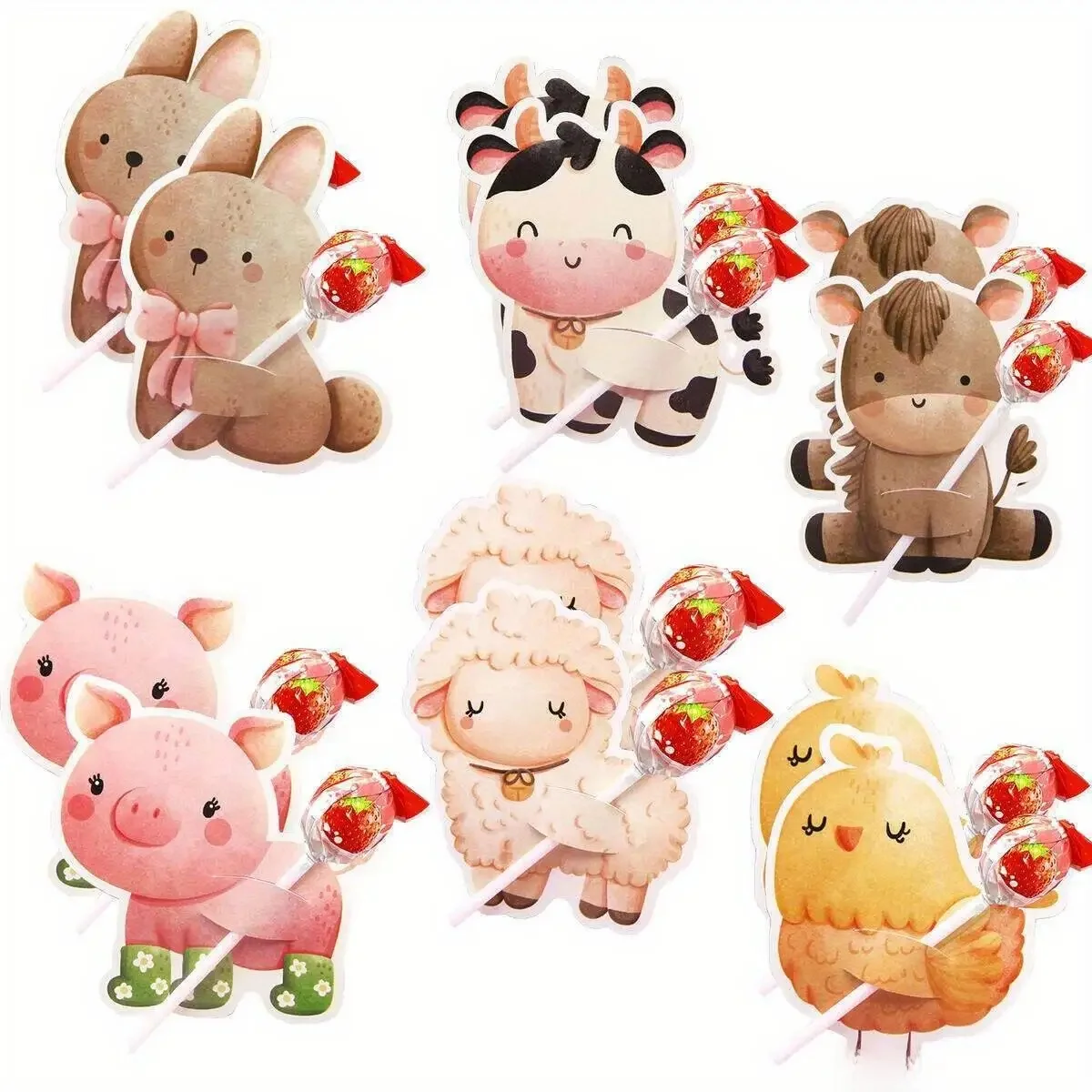 Sucettes emballées pour animaux de ferme, 48 pièces, bonbons cochon/mouton/vache de dessin animé (avec emballage), supports pour décorations de fête d'anniversaire