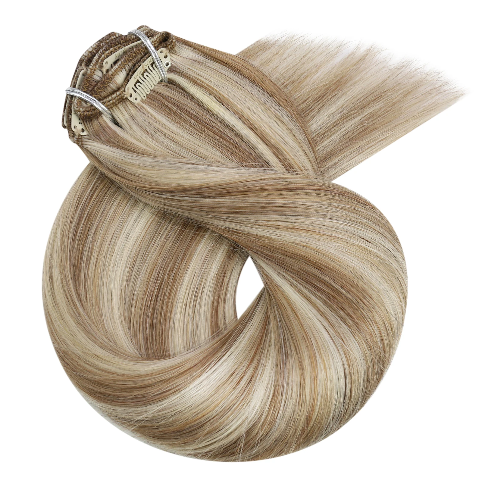 Moresoo Clip in Human Hair Extensions Natuurlijke Machine Remy Zijdeachtige Rechte Dubbele Inslag Balayage Ombre Haar Clips Extensions