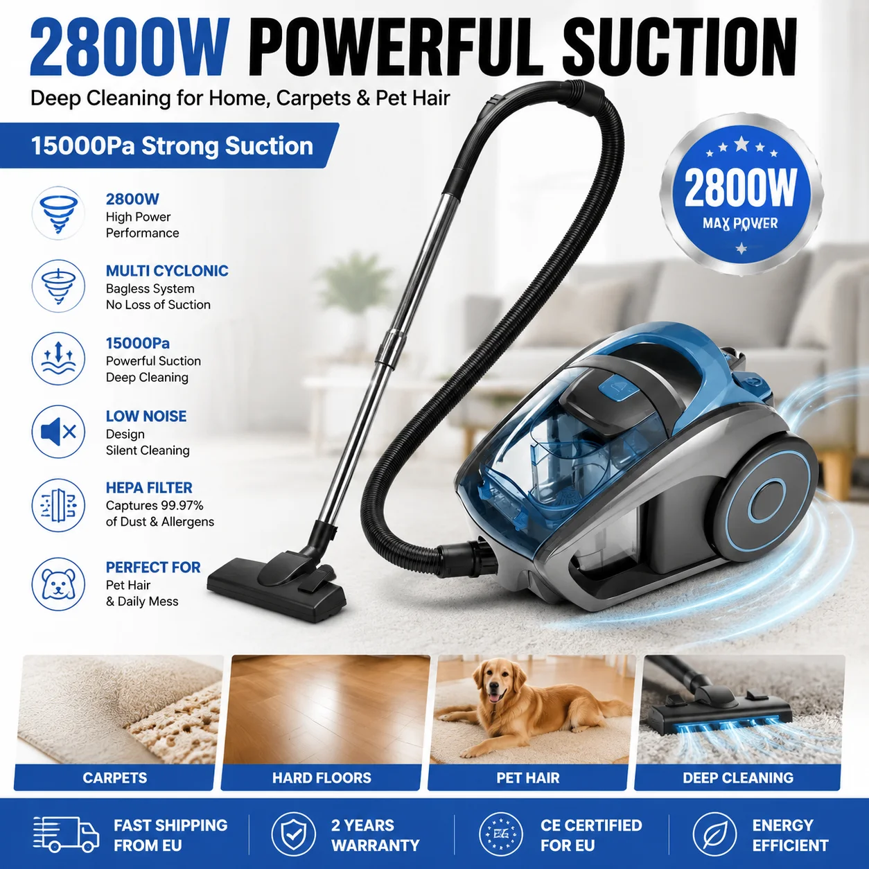 2800W Multi-Zyklon-Staubsauger ohne Beutel, 15000Pa starke Saugkraft, kabelgebundener Staubsauger für Zuhause, Teppiche, Hartböden, Tierhaare, Tiefenreinigungsmaschine, leiser Haushaltsstaubsauger mit