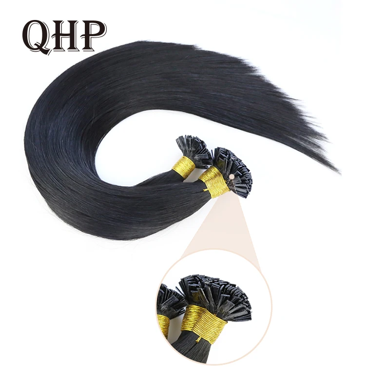 QHP Straight Flat Tip Hair Extensions 1g/Pcs 0.8g/Pcs 50Pcs/Set Keratin Capsules 100% Human Remy Hair Extension Natural Color