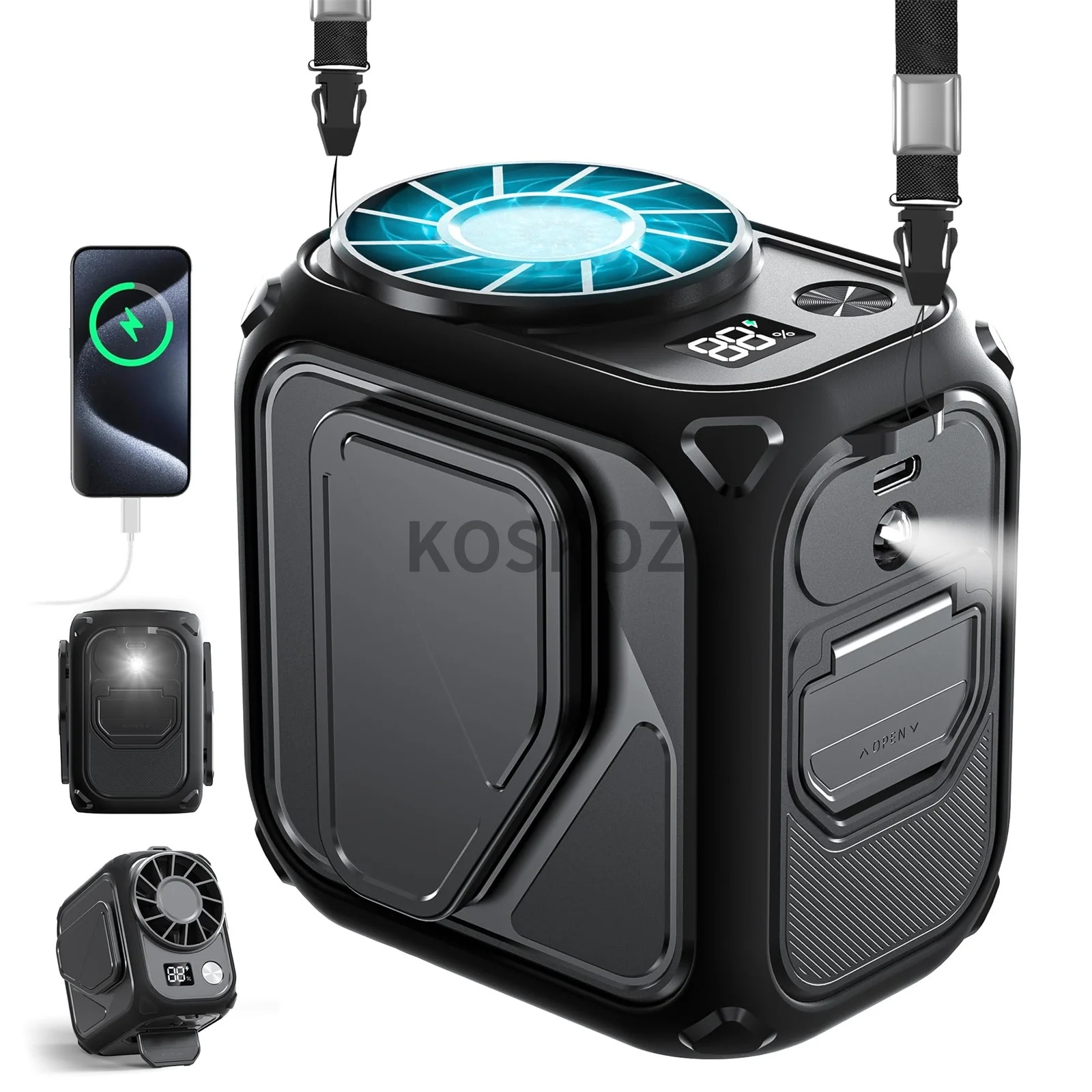 Портативный поясной вентилятор с зажимом, фонарик, вентилятор под рубашку с 5-скоростными портативными персональными шейными вентиляторами без помощи рук для путешествий на открытом воздухе