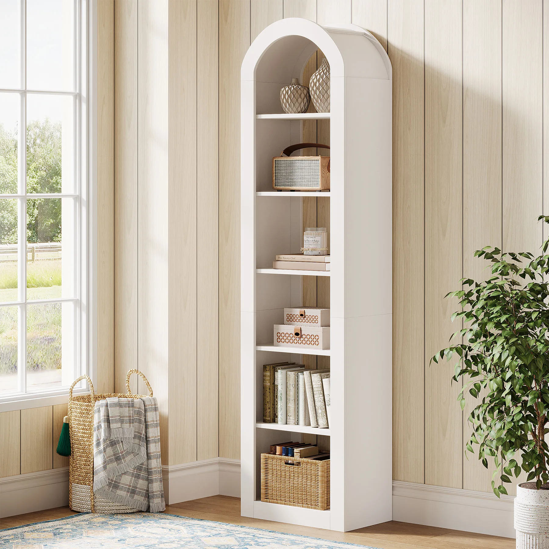 Libreria Tribesigns, scaffale a 6 ripiani con struttura ad arco, design moderno, scaffale aperto e stretto, colore bianco, dimensioni 50 x 30 x 190 cm, ideale come divisorio per ambienti e per lo