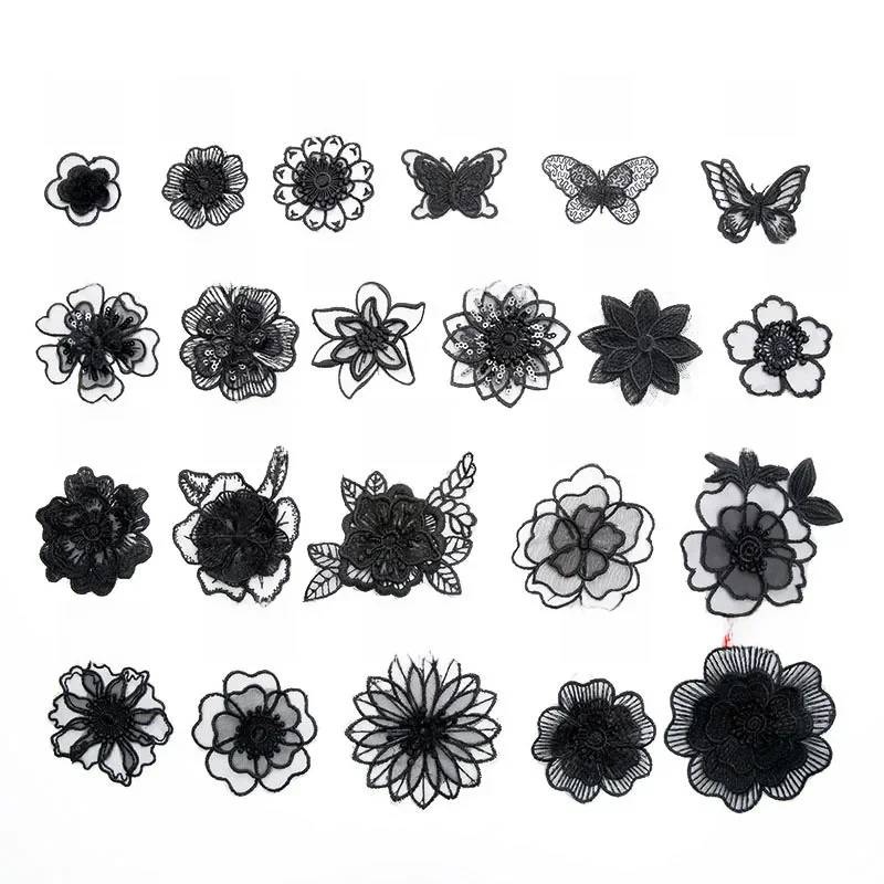 Thermo Black Lace Organza Flower Butterfly Haftowane naszywki na ubrania Naprasowanki na ubrania Aplikacje Paski Naklejki na tkaniny — zdjęcie 2