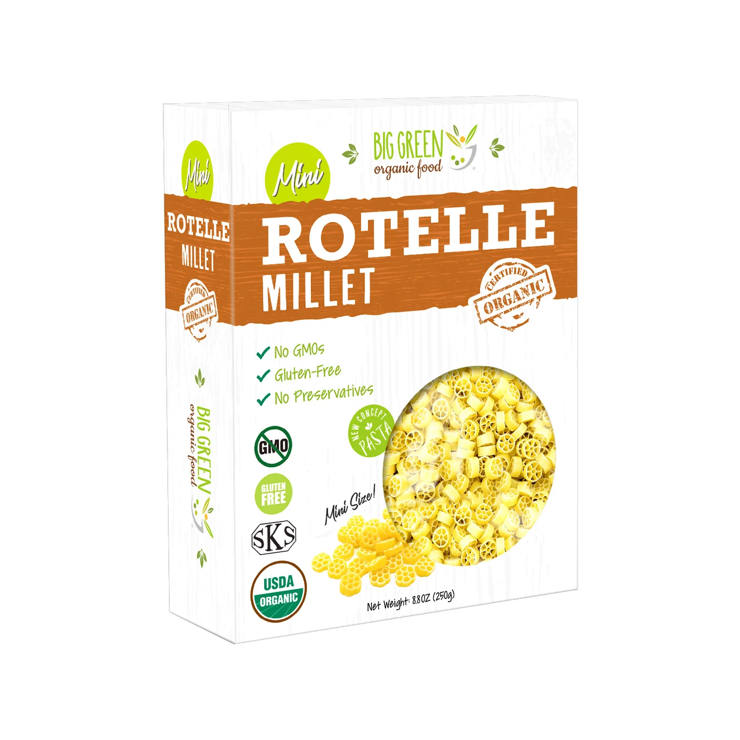 Mini Pasta Rotelle de mijo orgánica, sin gluten, sin OGM, vegana, a base de plantas, favorita para niños, 8,8 oz