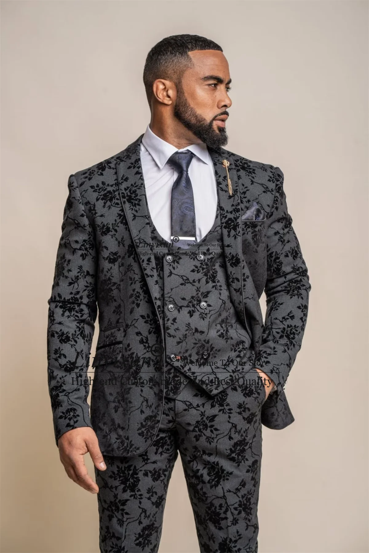 Fashion Black Floral Men Suits For Wedding 3 Pieces Sets Bespoke Premium Stylish Trendy Groom Tuxedos Jacquard Male Prom Blazers