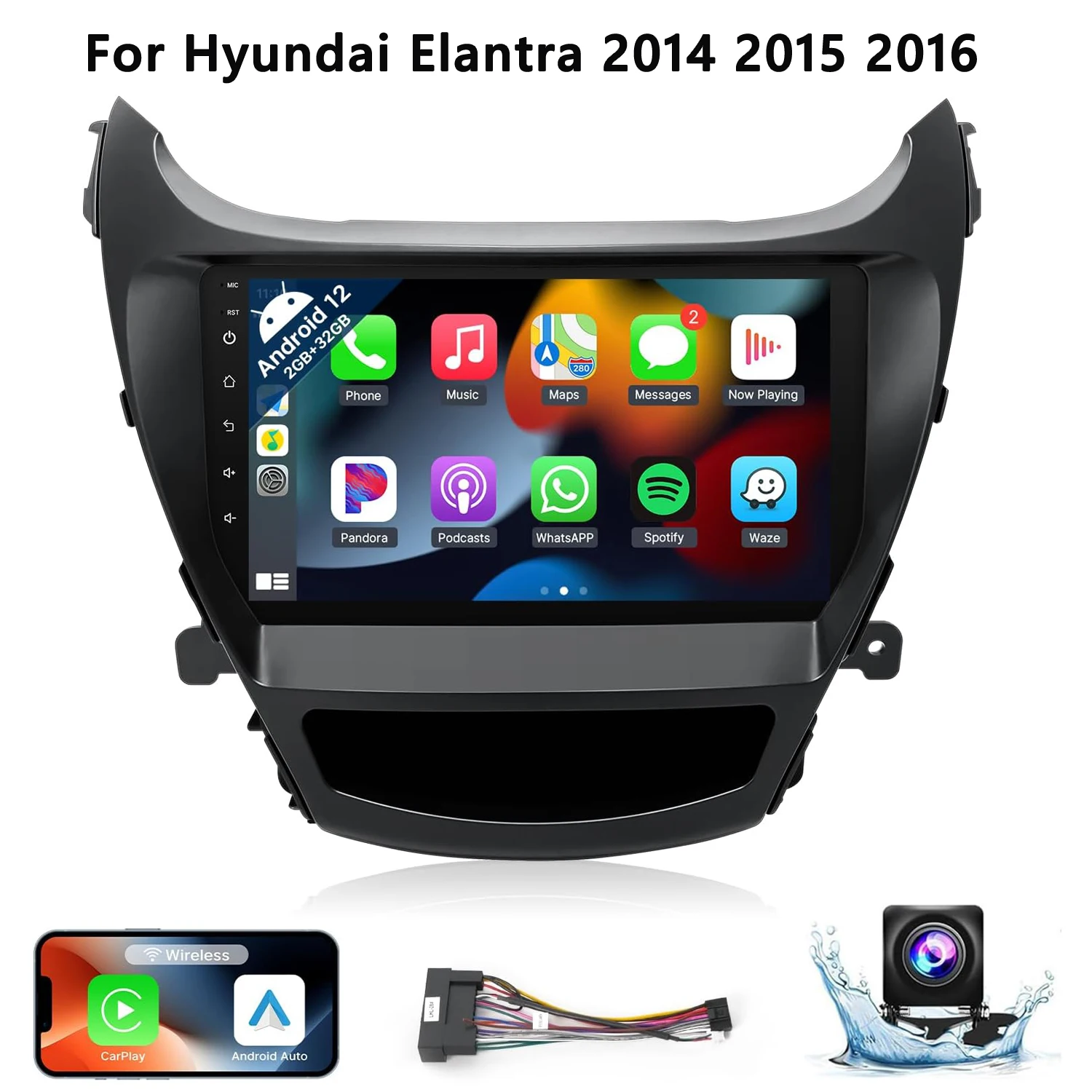 

9-дюймовая беспроводная автомобильная стереосистема для Hyundai Elantra 2014-2016 CarPlay Android Auto 2 + 32G с сенсорным экраном Автомобильное радио с резервной камерой GPS