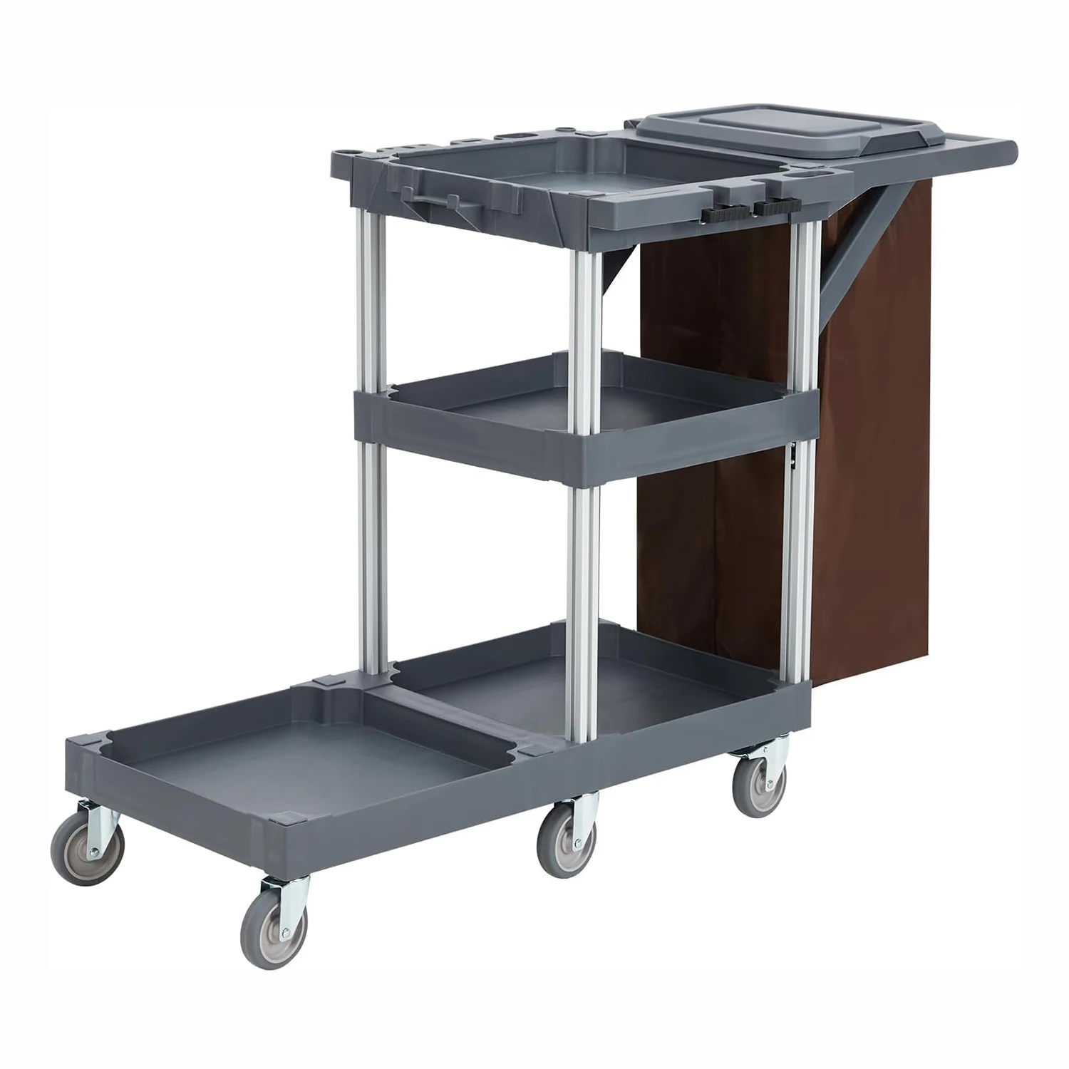 Chariot de nettoyage commercial, chariot utilitaire à 3 étagères sur roulettes avec sac en vinyle, housse et caddy pour hôtels, écoles, hôpitaux, restaurants