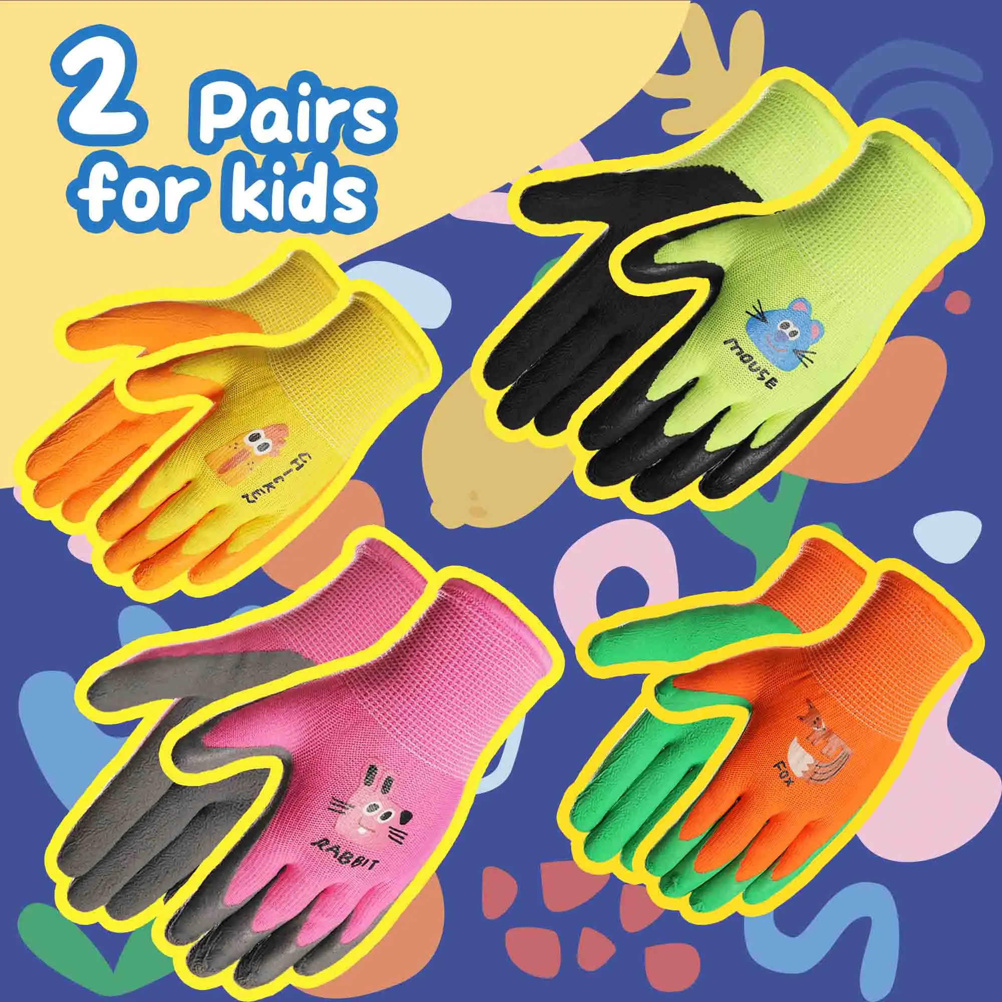2 Pairs Kids Gardening Gloves Non-Slip Cute Print for Outdoor Gardening Activities