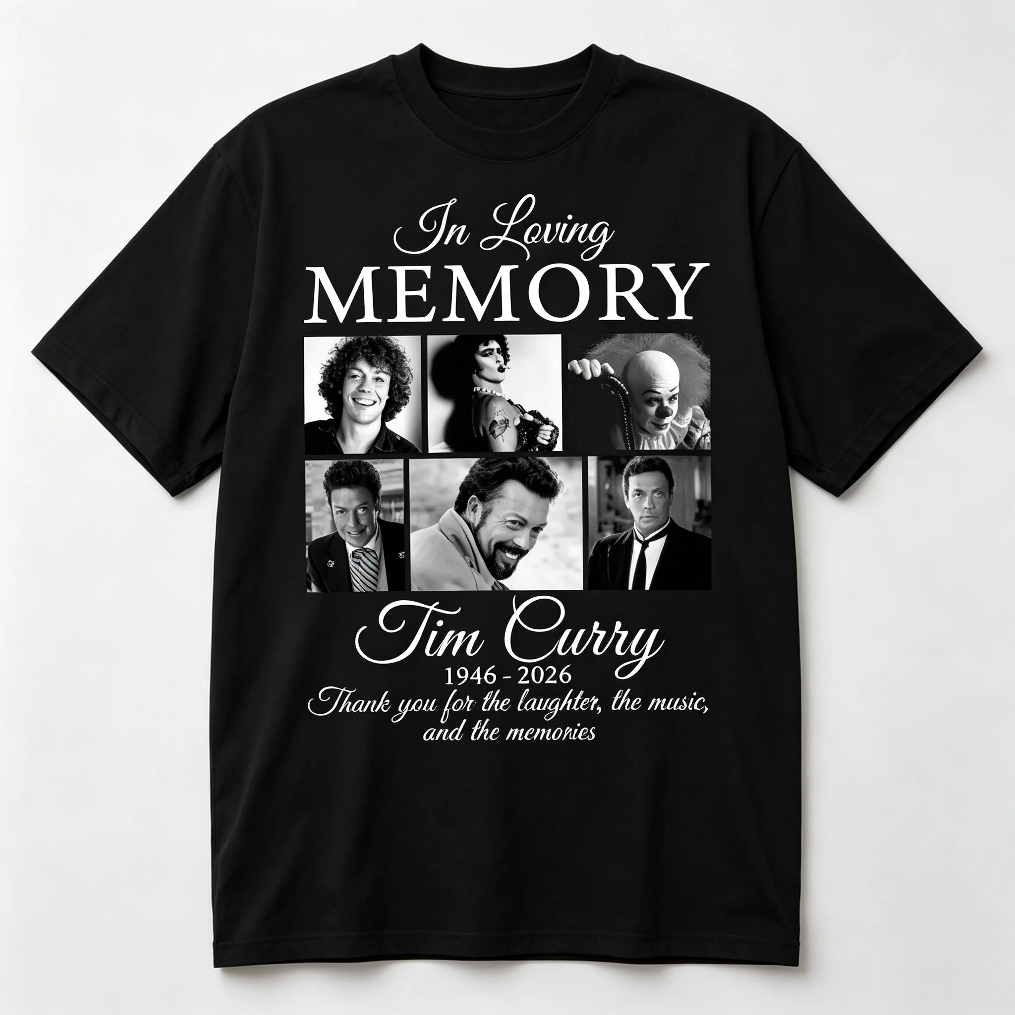 Unisex Tim Curry In Loving Memory 1946-2026 Graphic T-Shirt, Thank You For The Laughter The Music And Memories Tee, Horror Movie Fan Tribute Casual Cotton Short Sleeve Top