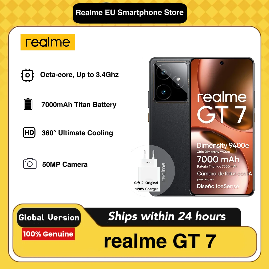 realme GT 7 Smartphone 5G 12+256GB, Chipset Headlight Dimensity 9400e,7000mAh Battery, 6000 Nits Display(including 120W Charger)