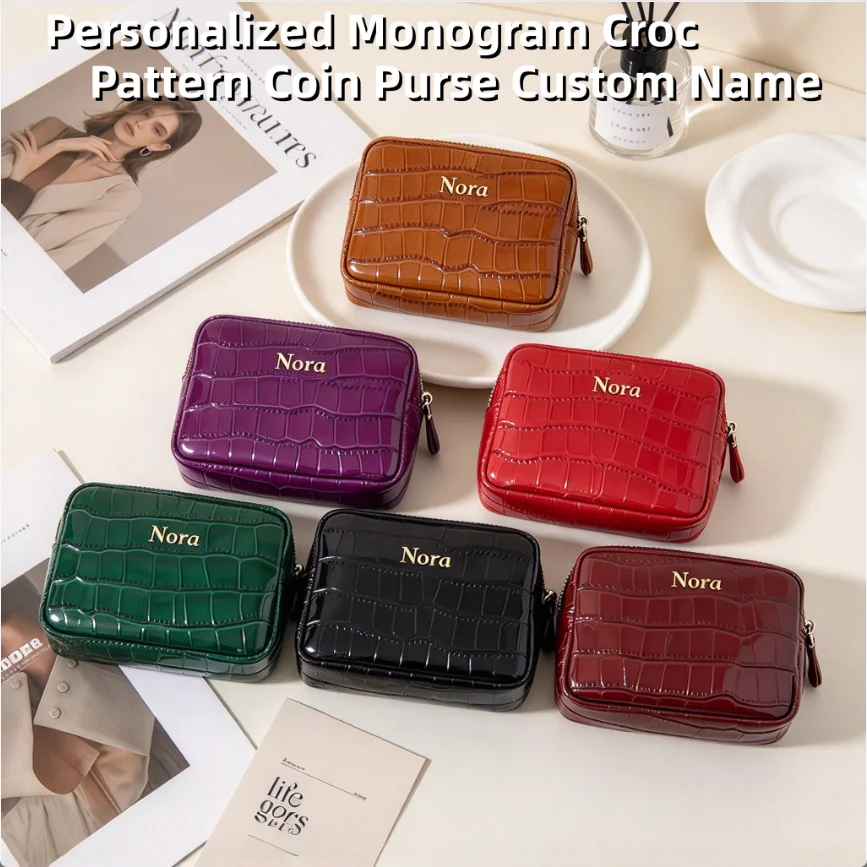 Luxury Genuine Leather Zip Coin Purse Crocodile Leather Pattern Cowhide Wallet Lipstick Cosmetic Bag Custom For Women Pouch