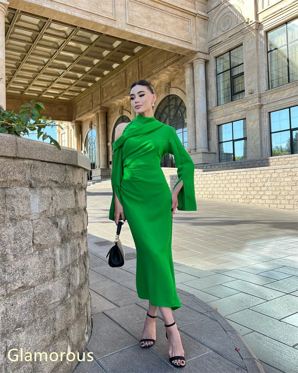 Customized  Simple Green Jersey Evening Dress Exquisite High Collar Long Sleeves Homecoming Dresses Luxury Vestido De F image 4