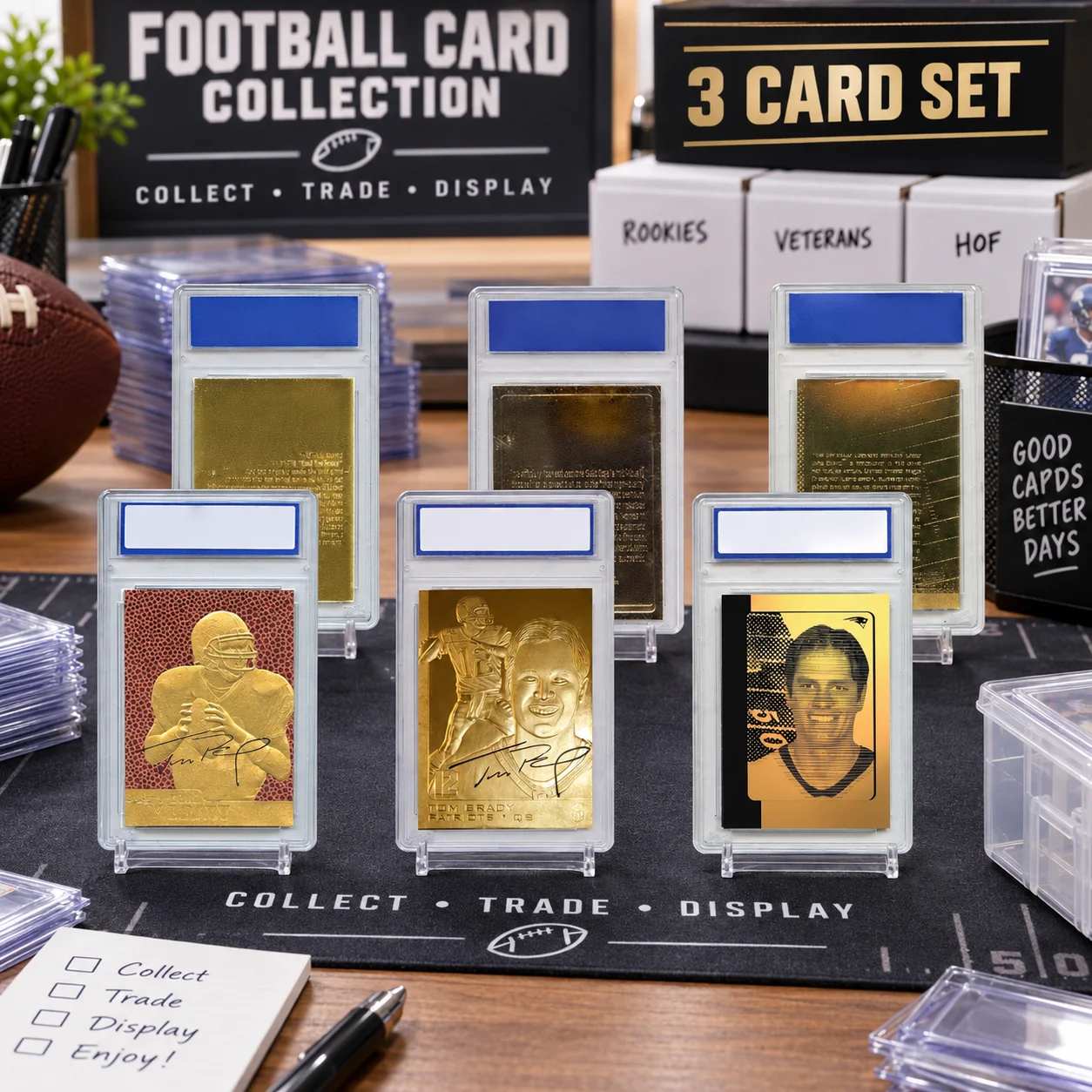 Set of 3 Football Trading Cards, Gold-Tone Sports Collector Cards, Classic Player Card Collection with Protective Cases for Collectors, Display and Gifts