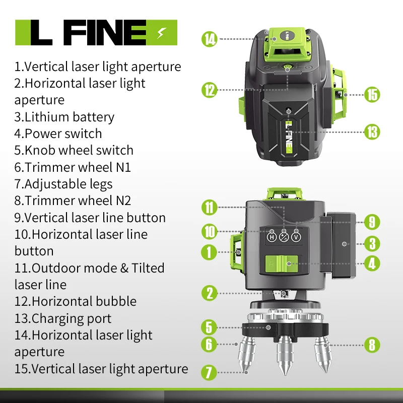 Imagem -04 - Lfin Nível Laser Conjunto 4d 16 Linhas 3d 12 Linhas 360 Auto-nivelamento Profissional Laser Nível Horizontal e Vertical Ferramentas a Laser