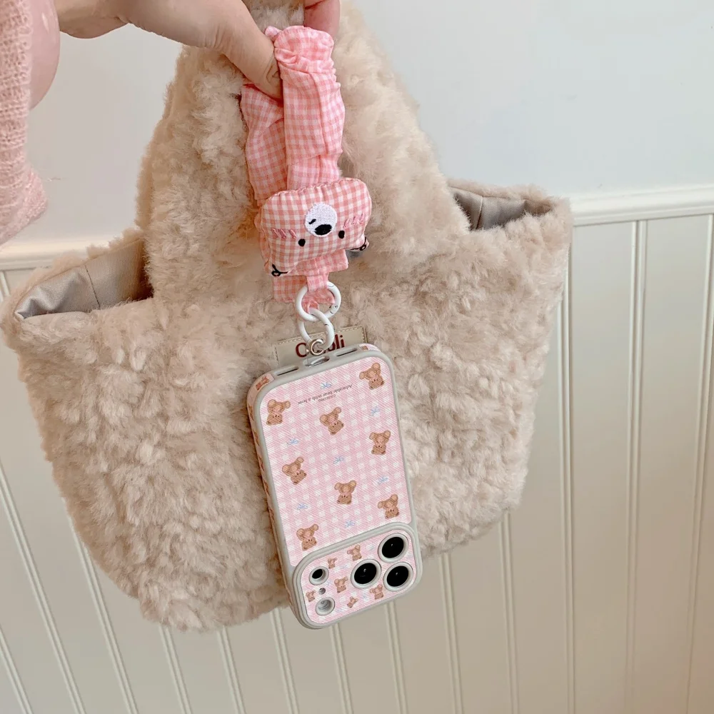 

Fashionable and sweet pink plaid bow bear phone case, suitable for iPhone 14/15/16/17 Pro Max, new shockproof protective case