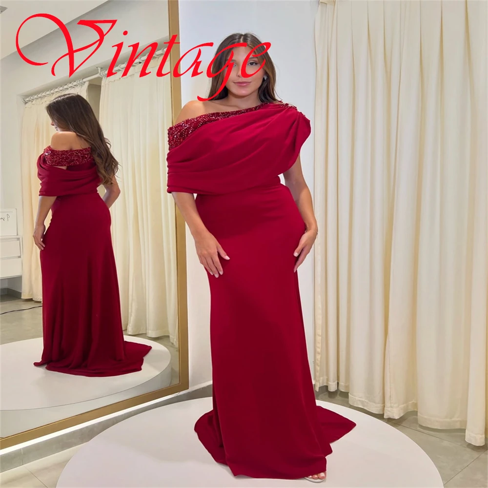 Customized Classic Red Jersey Evening Dress Exquisite One Shoulder Off the Shoulder Short Sleeves Beading Homecoming Dress