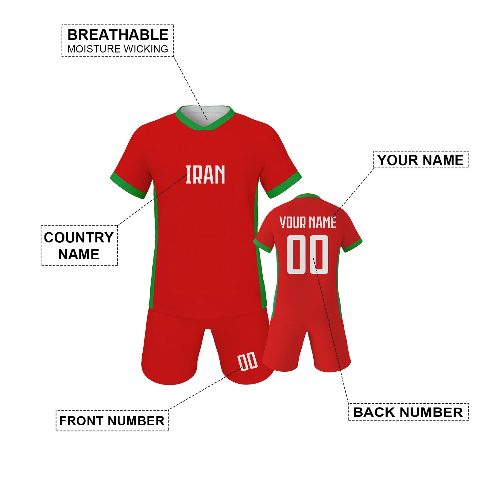 Iran Kids Soccer Jersey Set Custom Football Training Kit Personalized Name and Number Football Team Uniform for Boys Girls