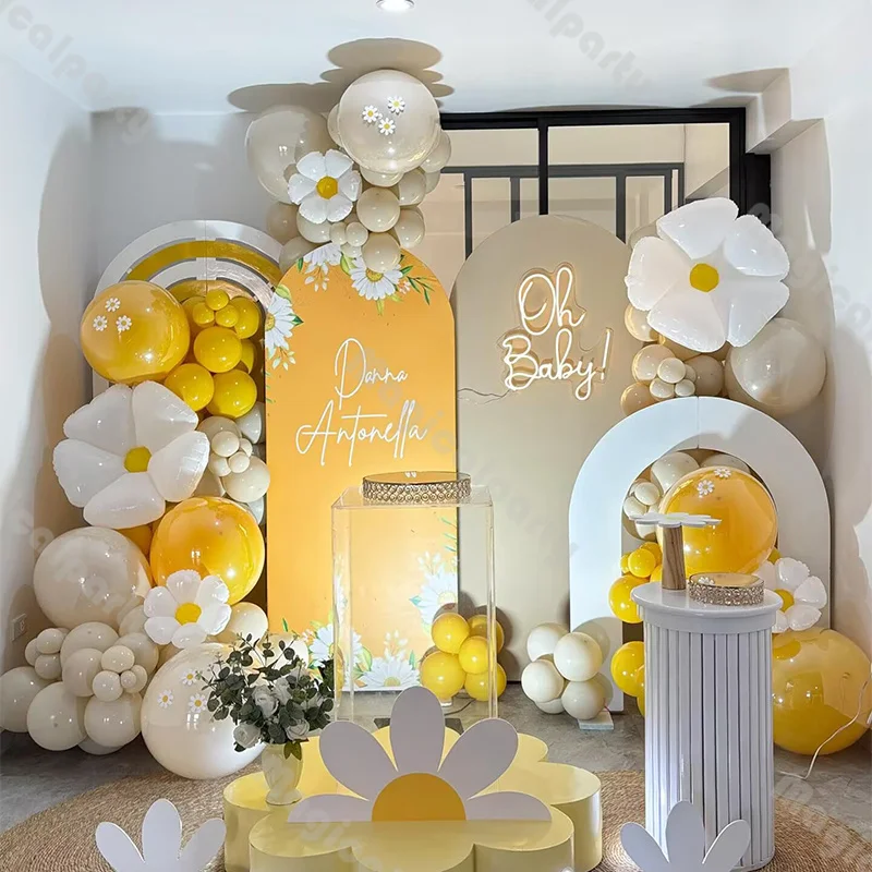 114pcs Lemon Yellow and Sand White Latex Balloon Set with Daisy Aluminum Film Balloons Girl's Birthday Party Decoration