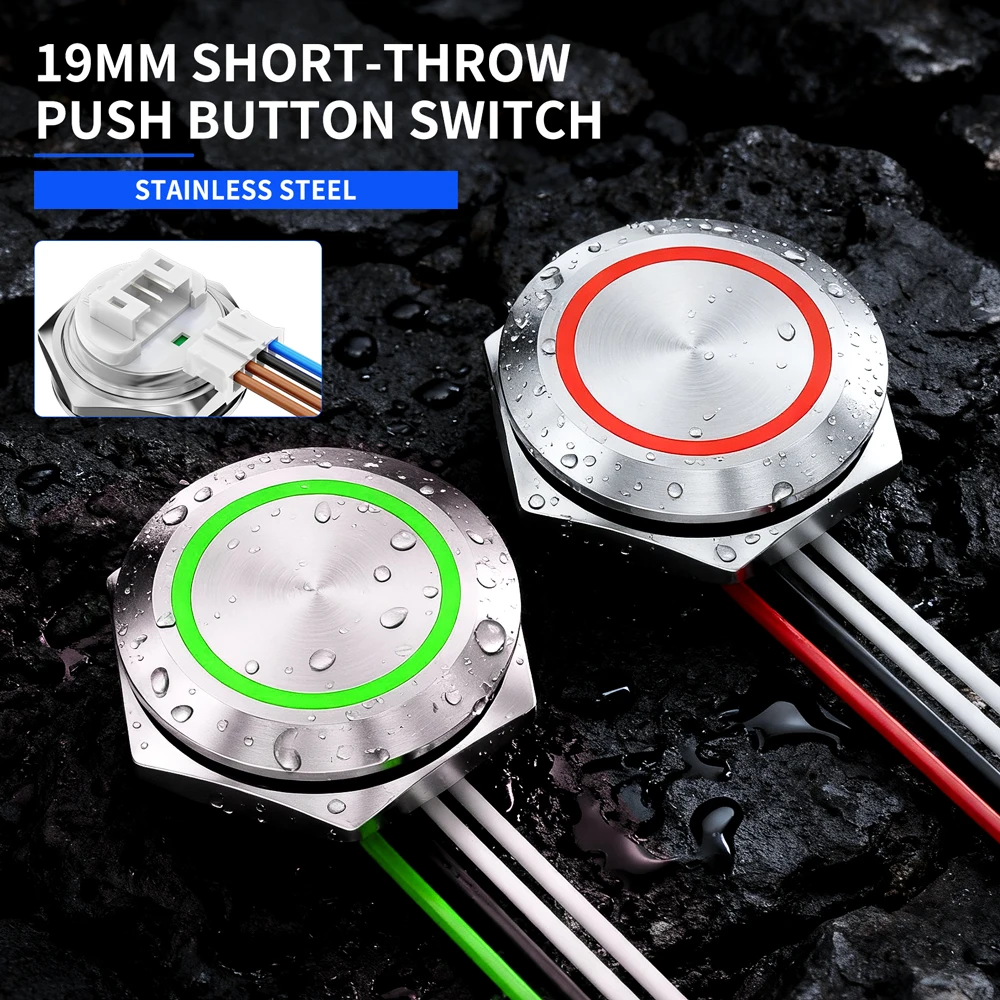 

19mm Momentary Short Stroke Push Button Switch IP67 Waterproof Metal Power LED Light Self-Resetting Switch with Connect Terminal