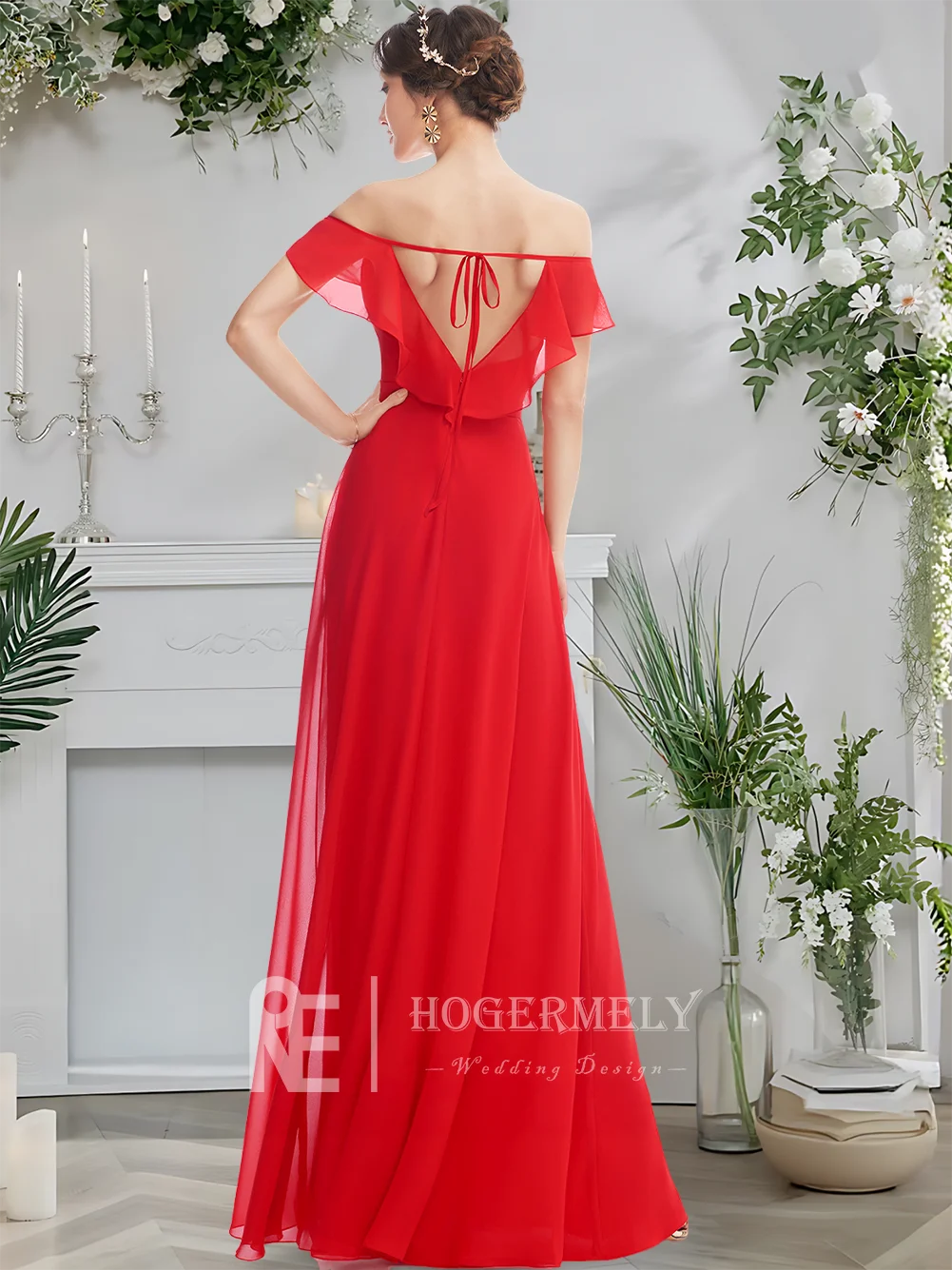 GDH Red Off Shoulder A-Line Floor-Length Chiffon Bridesmaid Dresses With Ruffle Wedding Guest Cocktail Party Evening Dress