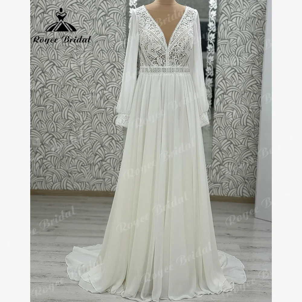 Elegante renda chiffon boêmio boho vestido de casamento com decote em v 2025 sem costas vestido de noiva personalizado trouwjurk abito da sposa