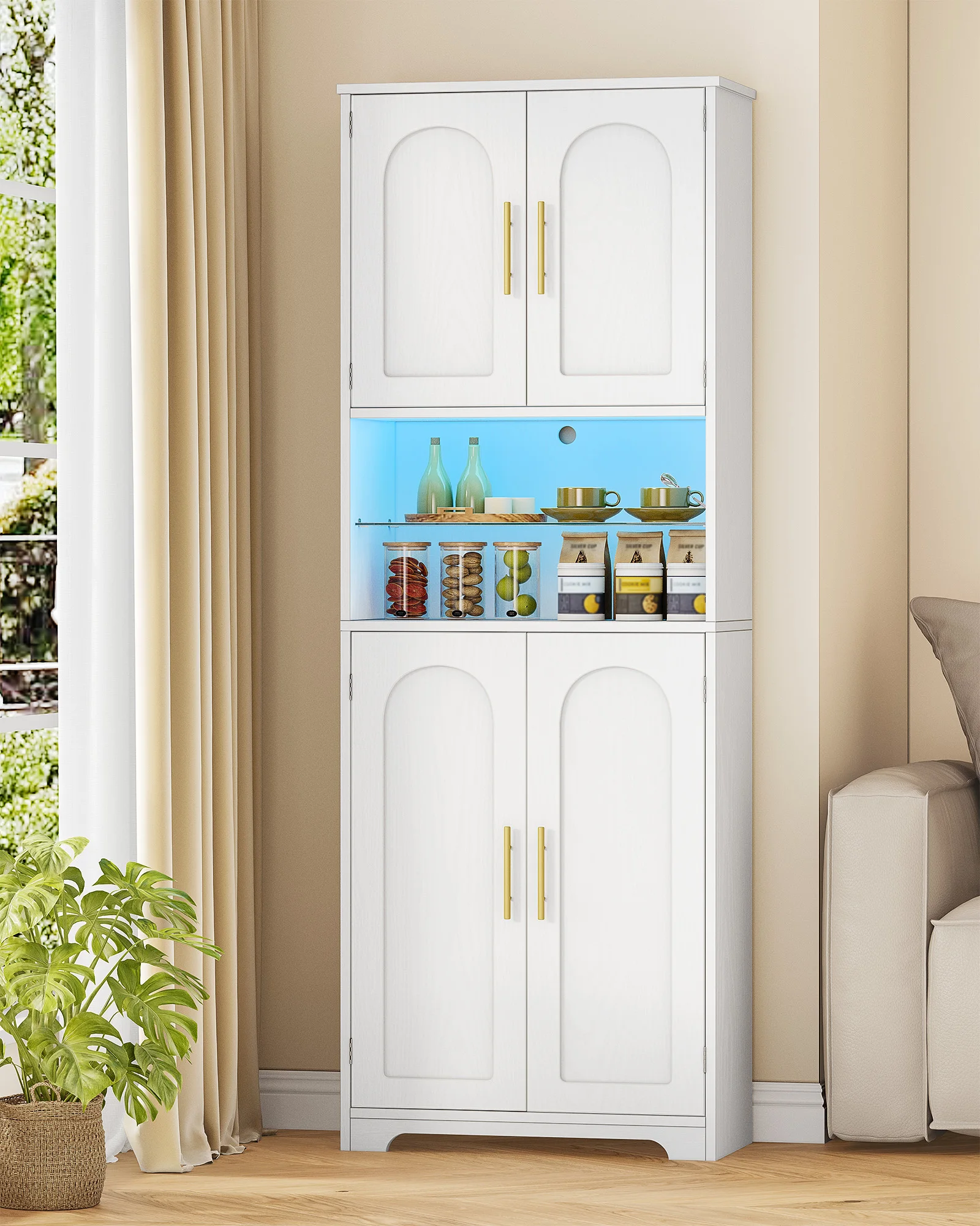 Gabinete de Baño Hzuaneri, Gabinete Alto con Luces LED que Cambian de Color y 4 Puertas, Estantes Ajustables, para Sala de Estar, Baño