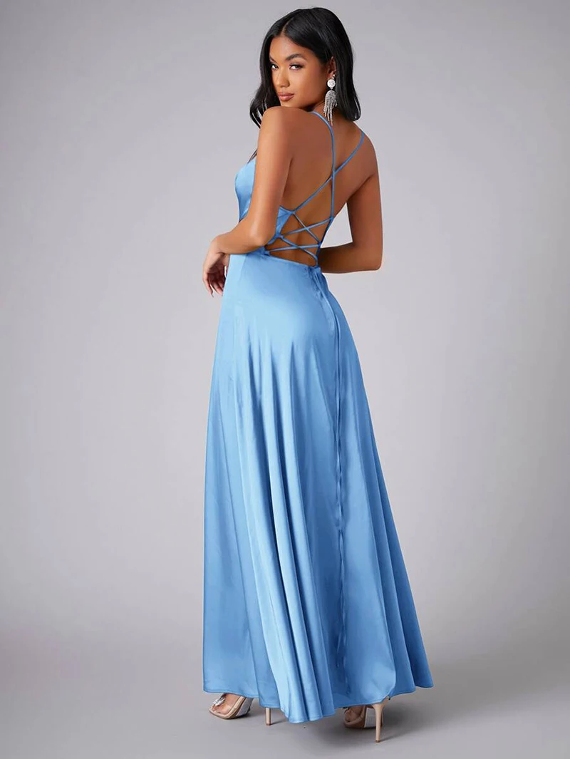 LoveDoris Blue Split Dress Backless Prom Party Dress A-Line Bridesmiad Dress Spaghetti Satin Dress Customize