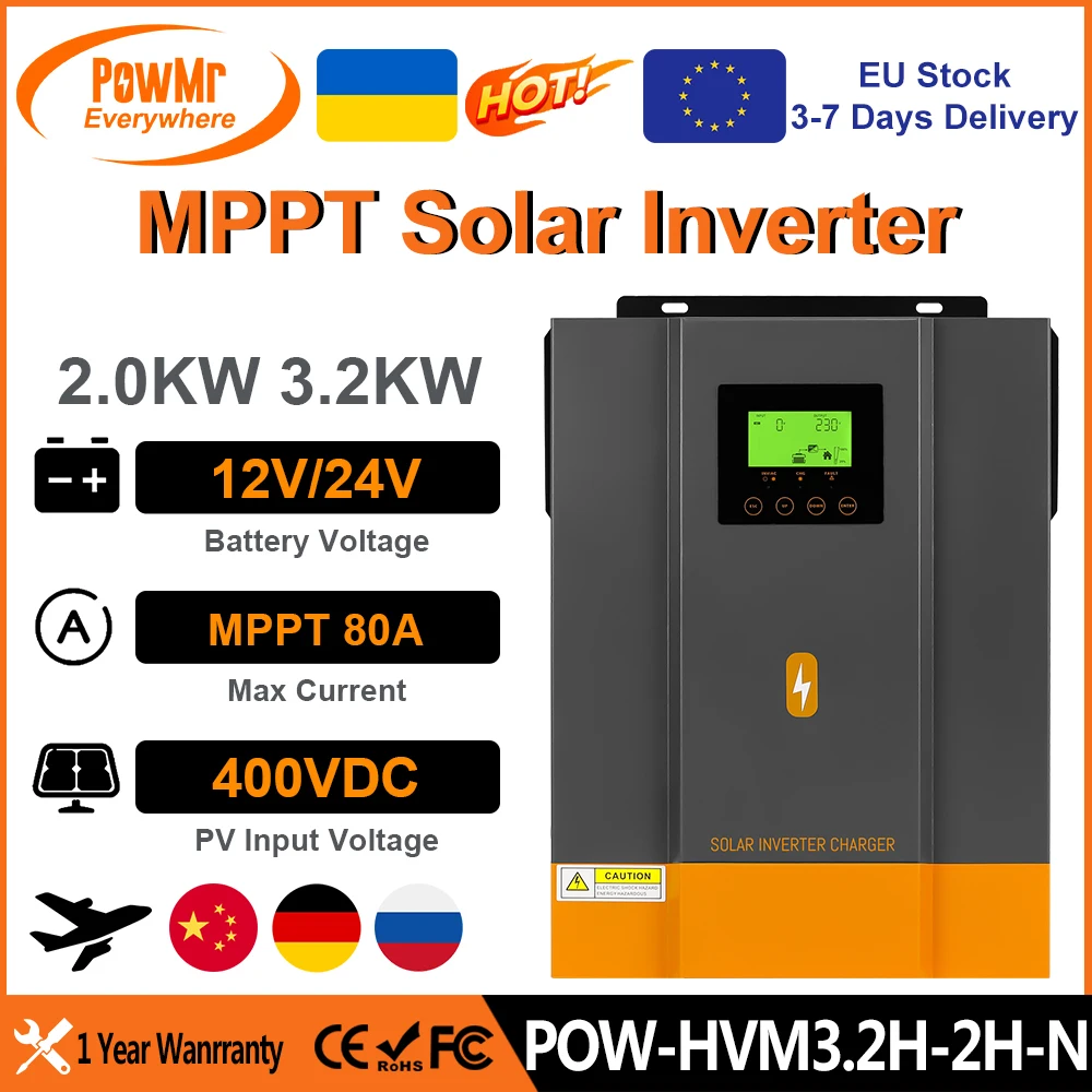 PowMr 3.2KW Hybrid Solar Inverter 24V to 230V MPPT 80A Output Photovoltaic Hybrid Inverter Build-in MPPT Solar Charge Controller