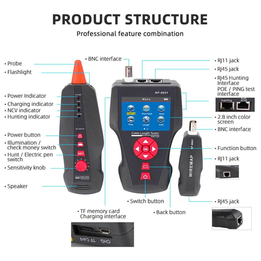 Noyafa NF-8601 netzwerk kabel tester lcd display kabel tracker mit poe/ping messen länge wiremap tester ethernet kabel tester