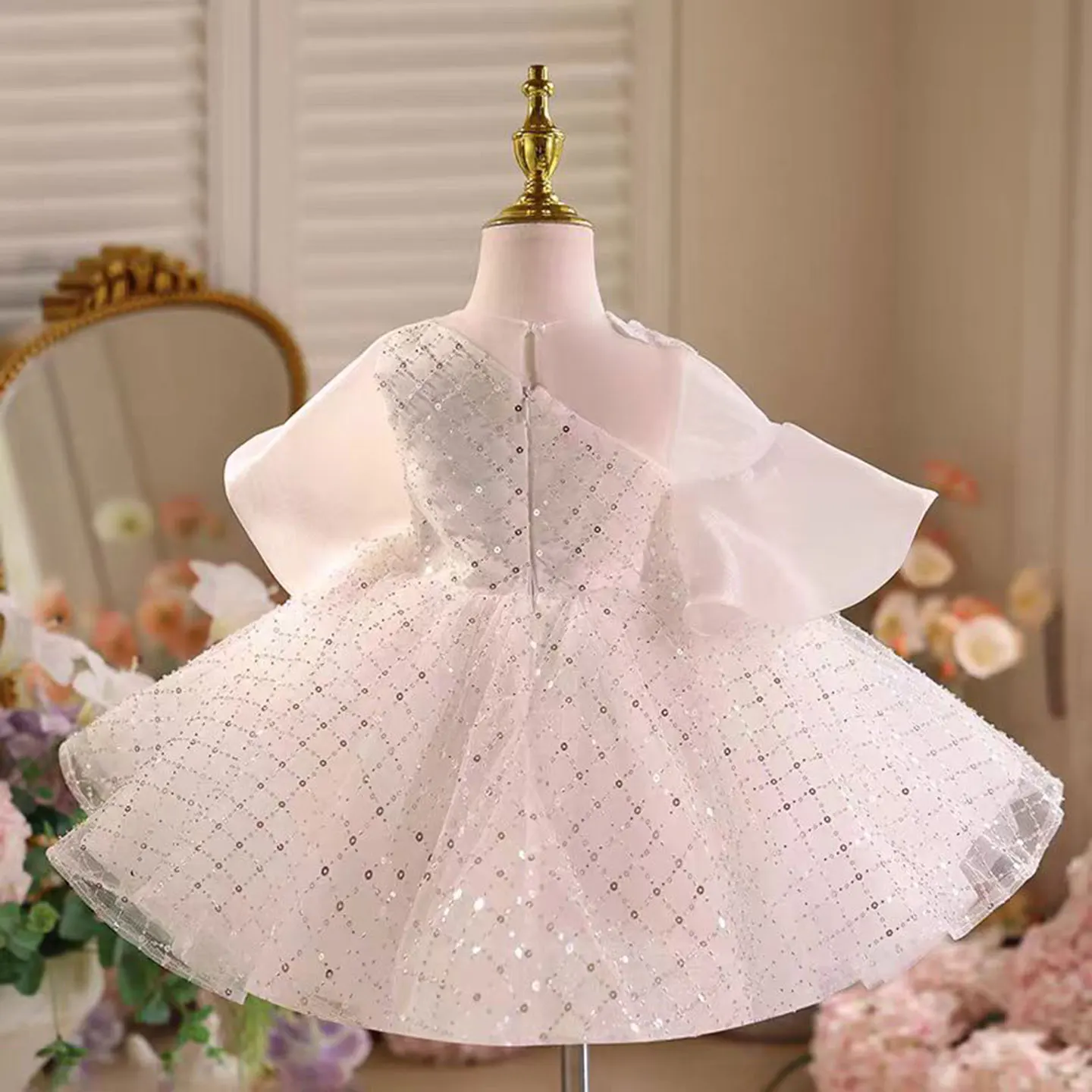 Dreamy Vow D029 愛らしいフリル スパンコール チュール ホワイト ガール プリンセス ドレス キャップ スリーブ 結婚式 イブニング パーティー 初聖体 プロム