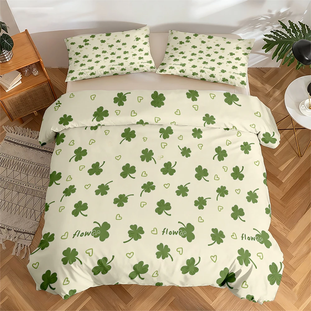 High-Definition Digital Printed Bedding Set, Duvet Cover Set with Clover and Heart Patterns, Large Floral Print Duvet Cover Set, Includes 1 Duvet Cover + 2 Pillowcases, Suitable for Bedroom, Guest Room, Home Decoration, Polyester Fiber Duvet Cover + Pillowcase Three-Piece Set, Ultra-Soft Bedding, Thick Fabric, Suitable for All Seasons, Machine Washable, 3 Pieces view 5