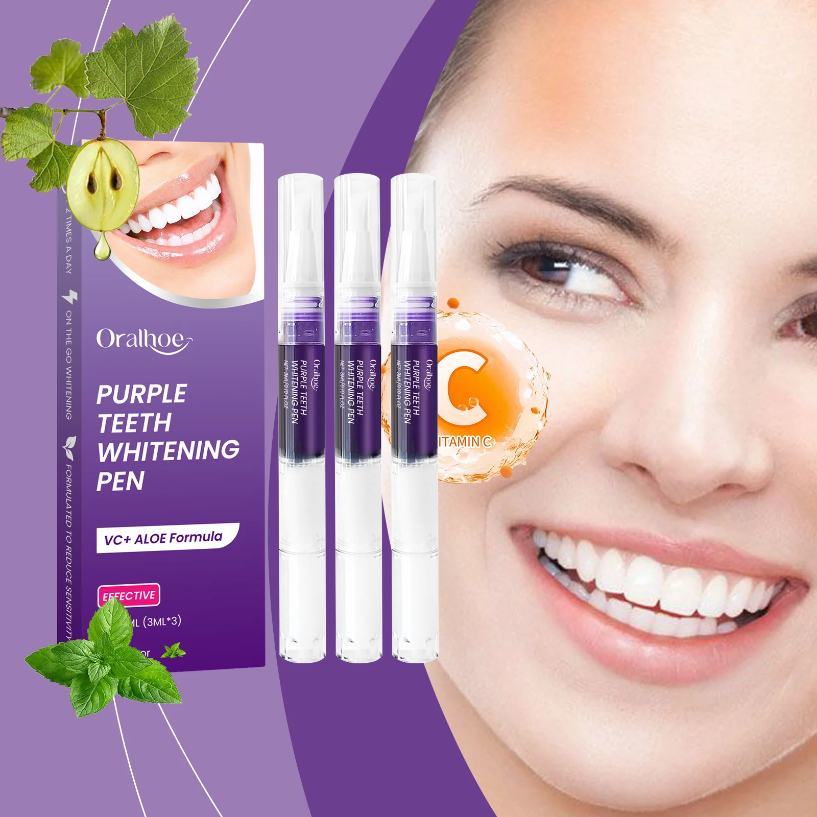 

Oralhoe 3mlx3 Purple Whitening Teeth Pen Dental Calculus Remover Clean Care Brightening Teeth Refreshing Remove Tea Stain Pen
