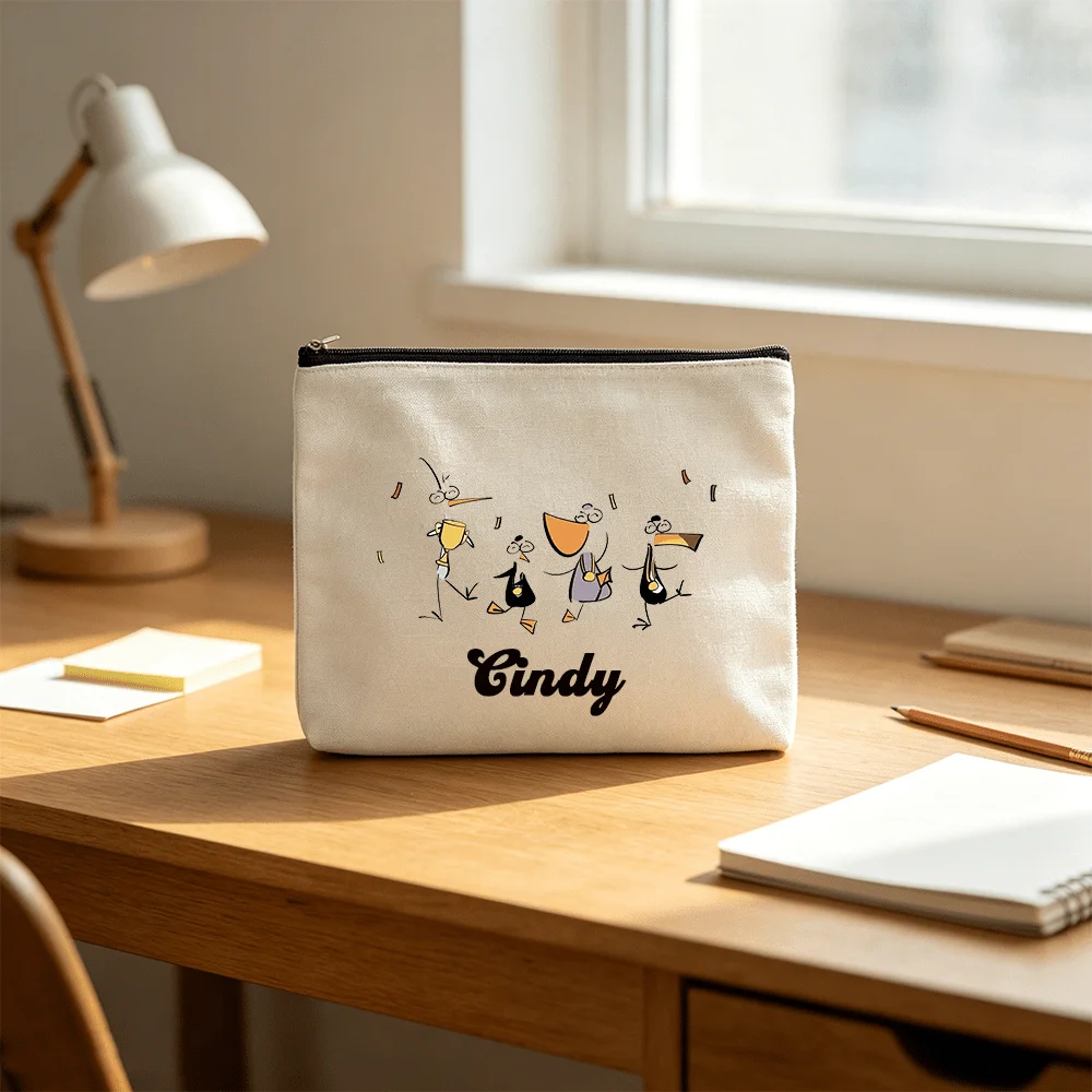 Customized Name Canvas Zipper Bag, Cartoon Funny Bird Print Makeup Bag, Multi-purpose Storage Bag, Daily Gift.