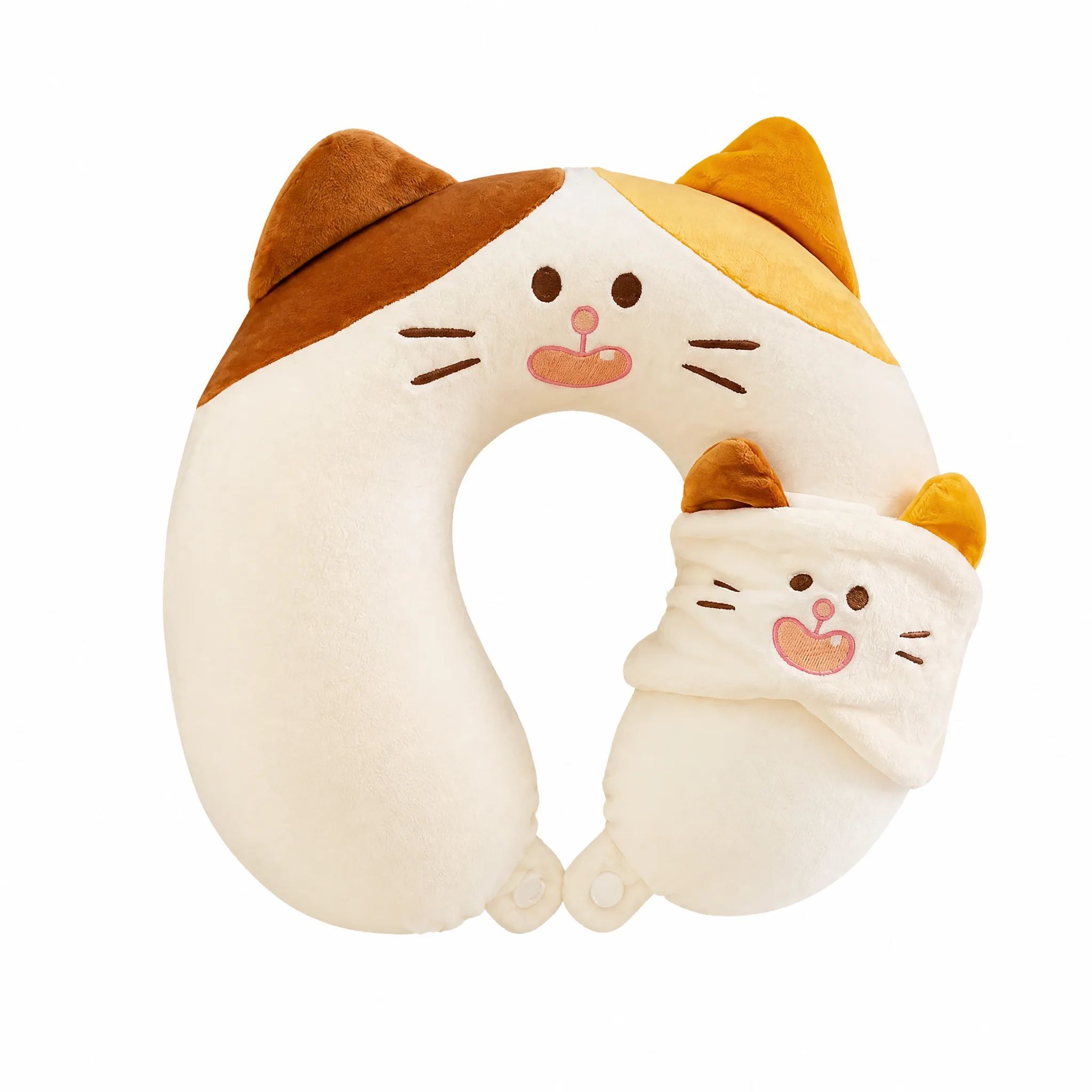 U-vormig nekkussen met kawaii kattenontwerp - Reiskussen met capuchon voor de nek, zacht en draagbaar, bespaar bij aankoop van meerdere exemplaren.