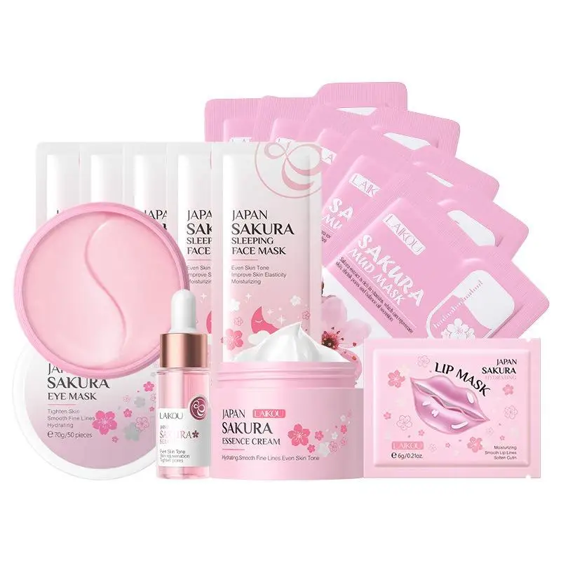 Sakura Skin Care Kit, 14pcs/set Moisturizing Facial Mask & Essence Face Cream & Eye Mask & Lip Mask, Skin Care Kit for Women